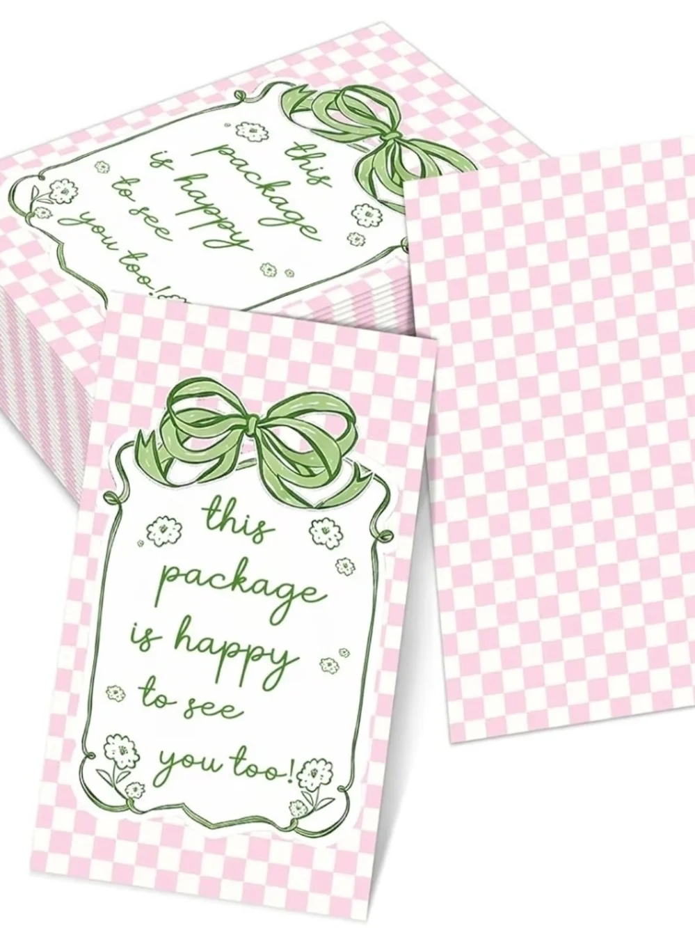 Pink Checkered Thank You Cards with Green Bow (25)